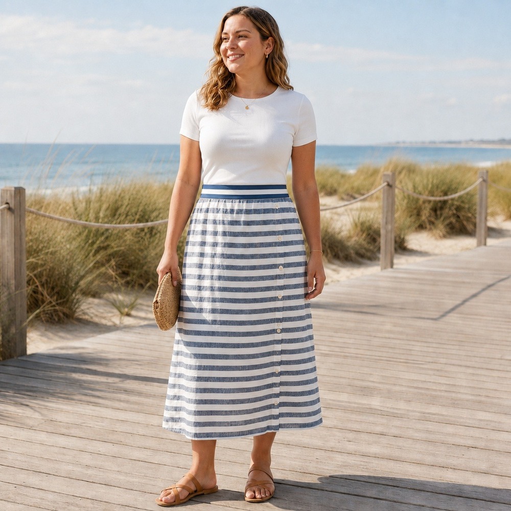 J. Jill Love Linen Midi Skirt Size L Blue White Striped Button Detail Pockets
